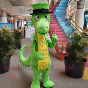 Lime Green Sea Horse mascot costume character dressed with Waistcoat and Hat pins