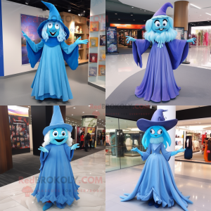 Sky Blue witch mascot costume character dressed with Evening Gown and Shoe laces