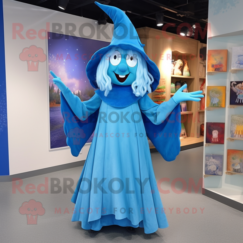 Sky Blue witch mascot costume character dressed with Evening Gown and Shoe laces