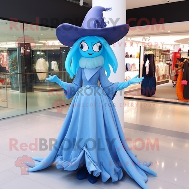 Sky Blue witch mascot costume character dressed with Evening Gown and Shoe laces