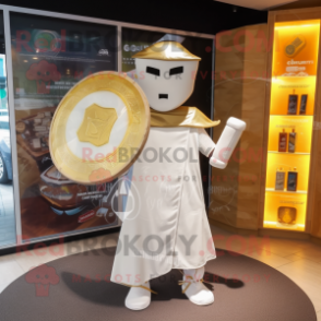 Gold Celtic shield mascot costume character dressed with Wedding Dress and Clutch bags