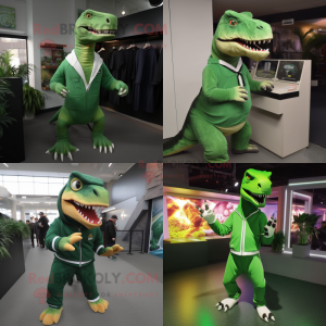 Green Allosaurus mascot costume character dressed with Sweatshirt and Ties