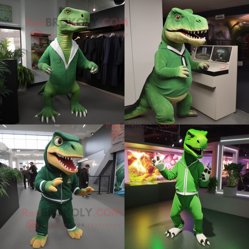 Green Allosaurus mascot costume character dressed with Sweatshirt and Ties Green Allosaurus mascot costume character dressed with Sweatshirt and Ties