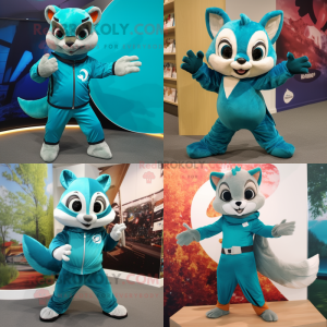 Teal Flying Squirrel mascot costume character dressed with Capri Pants and Rings