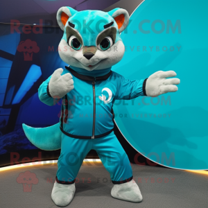 Teal Flying Squirrel mascot costume character dressed with Capri Pants and Rings