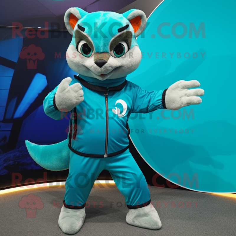 Teal Flying Squirrel mascot costume character dressed with Capri Pants and Rings