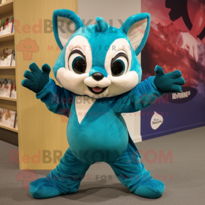 Teal Flying Squirrel mascot costume character dressed with Capri Pants and Rings