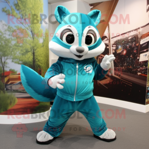 Teal Flying Squirrel mascot costume character dressed with Capri Pants and Rings