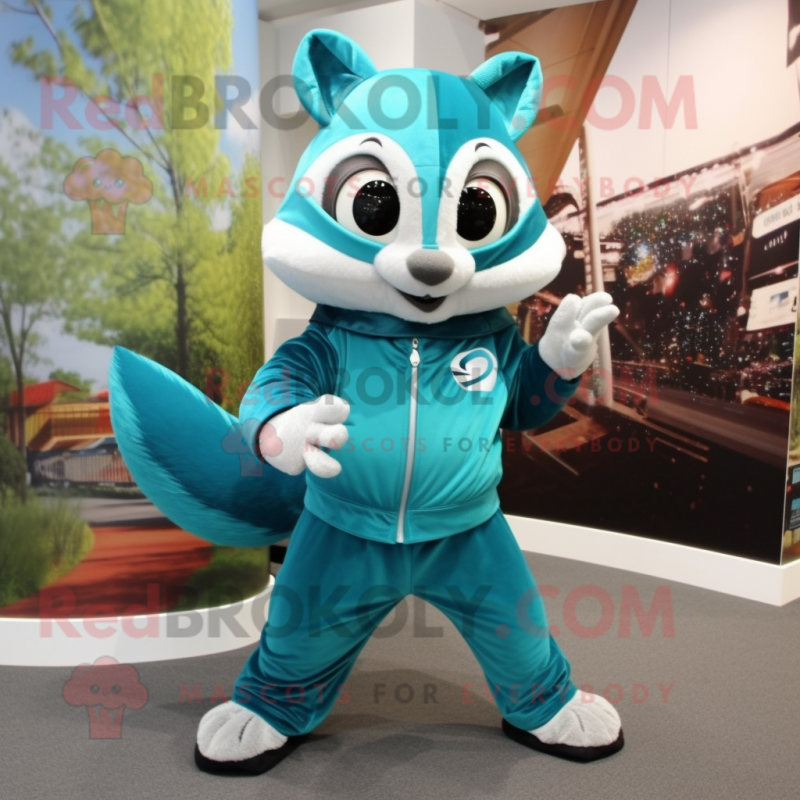 Teal Flying Squirrel mascot costume character dressed with Capri Pants and Rings Teal Flying Squirrel mascot costume character dressed with Capri Pants and Rings