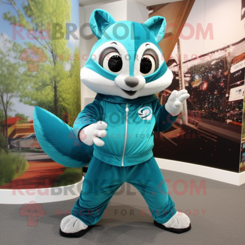 Teal Flying Squirrel mascot costume character dressed with Capri Pants and Rings