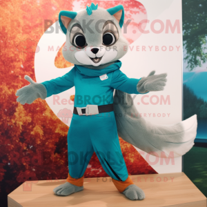 Teal Flying Squirrel mascot costume character dressed with Capri Pants and Rings