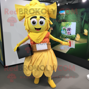 Yellow Pad Thai mascot costume character dressed with Skirt and Wallets