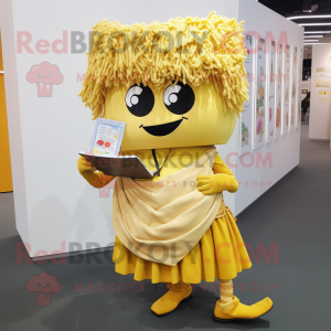 Yellow Pad Thai mascot costume character dressed with Skirt and Wallets