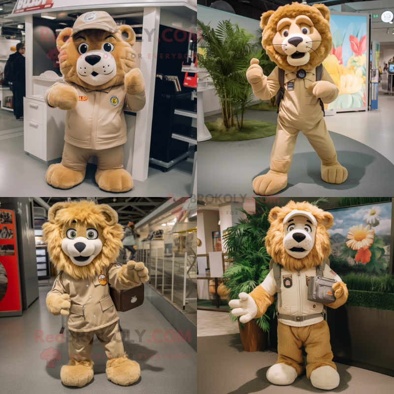 Tan Lion mascot costume character dressed with Cargo Shorts and Mittens