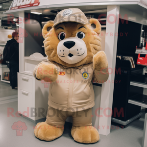 Tan Lion mascot costume character dressed with Cargo Shorts and Mittens