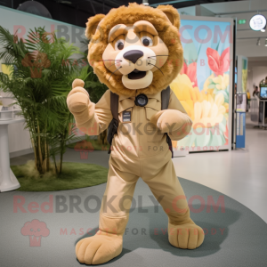 Tan Lion mascot costume character dressed with Cargo Shorts and Mittens