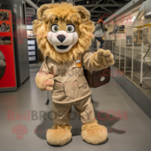 Tan Lion mascot costume character dressed with Cargo Shorts and Mittens