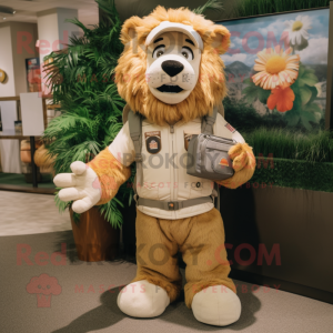 Tan Lion mascot costume character dressed with Cargo Shorts and Mittens