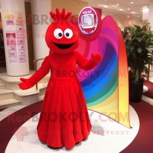 Red Rainbow mascot costume character dressed with Evening Gown and Lapel pins