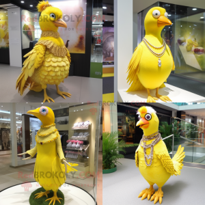 Lemon Yellow Pheasant mascot costume character dressed with Mini Dress and Necklaces