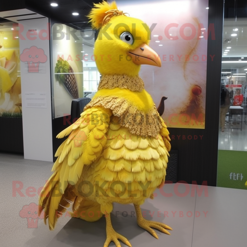 Lemon Yellow Pheasant mascot costume character dressed with Mini Dress and Necklaces