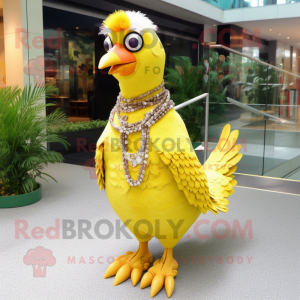 Lemon Yellow Pheasant mascot costume character dressed with Mini Dress and Necklaces