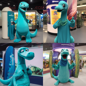Teal Brachiosaurus mascot costume character dressed with Cover-up and Beanies