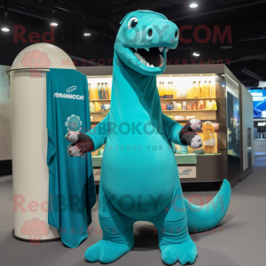 Teal Brachiosaurus mascot costume character dressed with Cover-up and Beanies