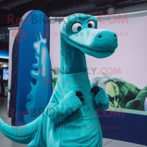 Teal Brachiosaurus mascot costume character dressed with Cover-up and Beanies