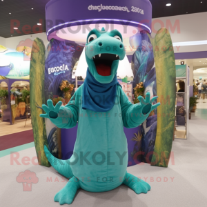 Teal Brachiosaurus mascot costume character dressed with Cover-up and Beanies