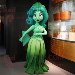 Green mermaid mascot costume character dressed with Empire Waist Dress and Messenger bags