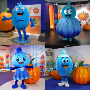 Blue Pumpkin mascot costume character dressed with Bikini and Brooches