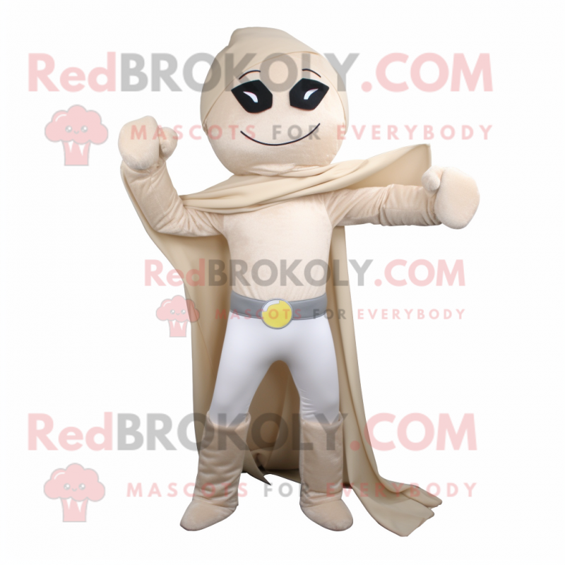 Beige Superhero mascot costume character dressed with Jeggings and Scarves Beige Superhero mascot costume character dressed with Jeggings and Scarves