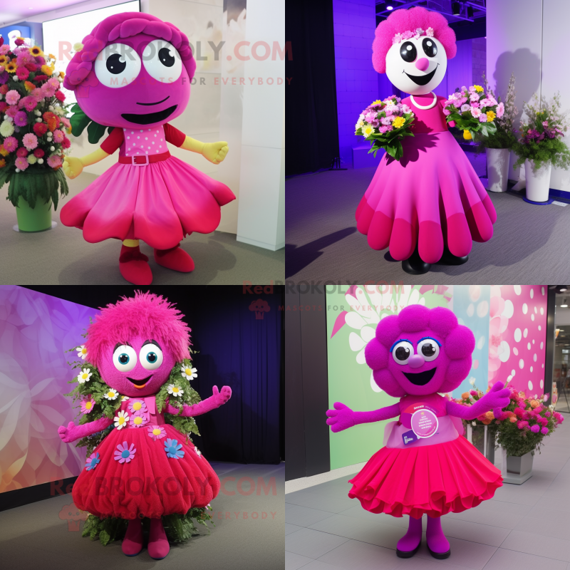 Magenta Bouquet of flowers mascot costume character dressed with Circle Skirt and Ties