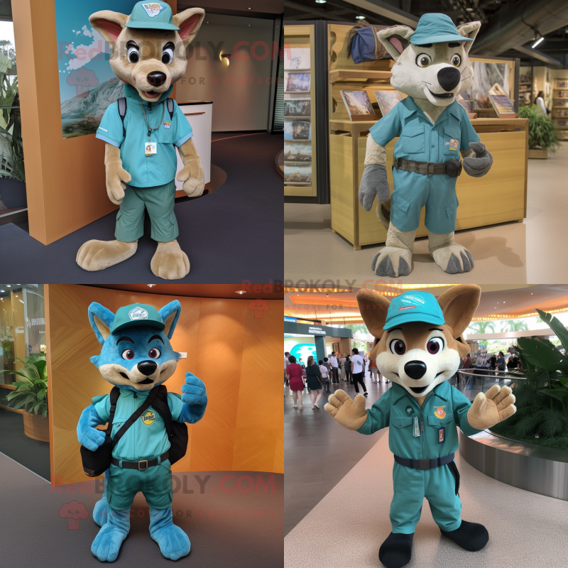 Teal Dingo mascot costume character dressed with Cargo Pants and Caps