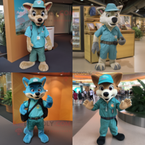 Teal Dingo mascot costume character dressed with Cargo Pants and Caps