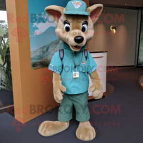 Teal Dingo mascot costume character dressed with Cargo Pants and Caps