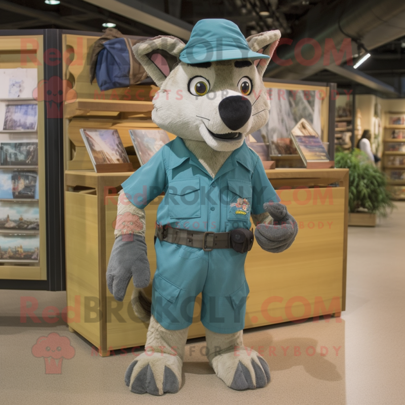 Teal Dingo mascot costume character dressed with Cargo Pants and Caps Teal Dingo mascot costume character dressed with Cargo Pants and Caps