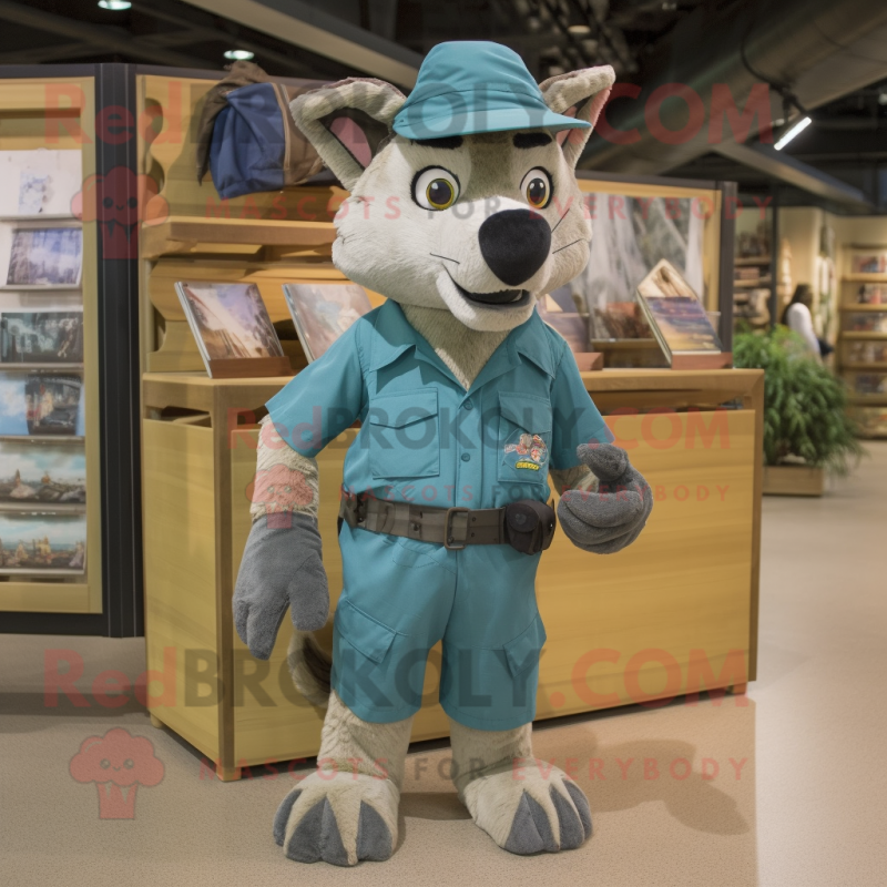 Teal Dingo mascot costume character dressed with Cargo Pants and Caps