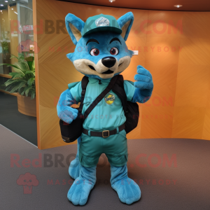 Teal Dingo mascot costume character dressed with Cargo Pants and Caps