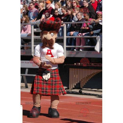 Mustached Scottish mascot in plaid kilt - Redbrokoly.com