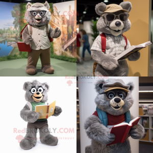 Gray Momentum mascot costume character dressed with Corduroy Pants and Reading glasses