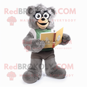 Gray Momentum mascot costume character dressed with Corduroy Pants and Reading glasses