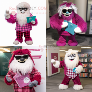 Magenta Yeti mascot costume character dressed with Flannel Shirt and Reading glasses