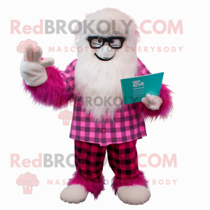 Magenta Yeti mascot costume character dressed with Flannel Shirt and Reading glasses