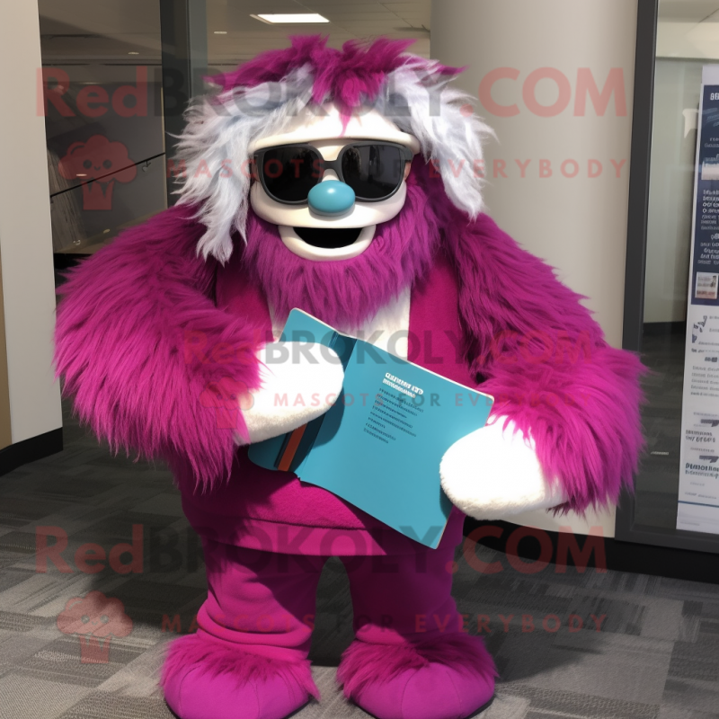 Magenta Yeti mascot costume character dressed with Flannel Shirt and Reading glasses