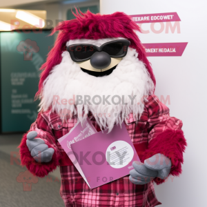 Magenta Yeti mascot costume character dressed with Flannel Shirt and Reading glasses