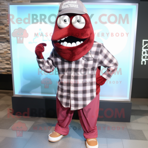 Maroon Cod mascot costume character dressed with Flannel Shirt and Necklaces
