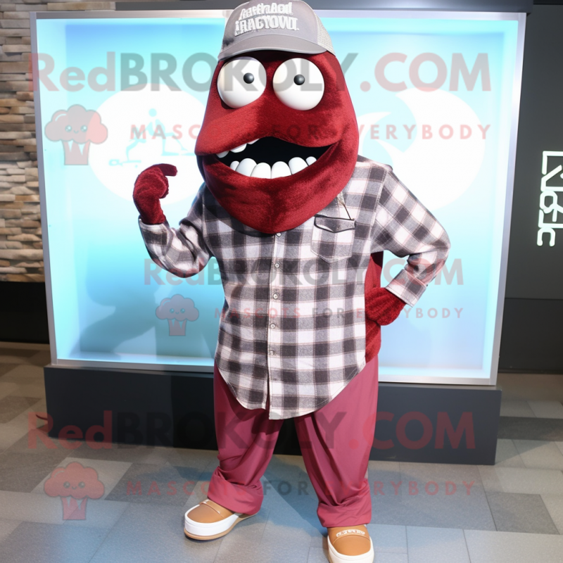 Maroon Cod mascot costume character dressed with Flannel Shirt and Necklaces Maroon Cod mascot costume character dressed with Flannel Shirt and Necklaces