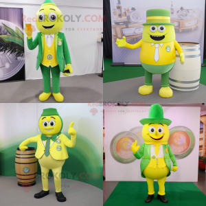 Lemon Yellow green beer mascot costume character dressed with Suit Pants and Rings